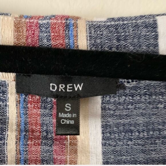 Drew linen, maroon/blue/white striped blouse, new, short sleeves, waist ties, S - Picture 3 of 8